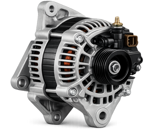 Silver car alternator with black pulley and wiring.