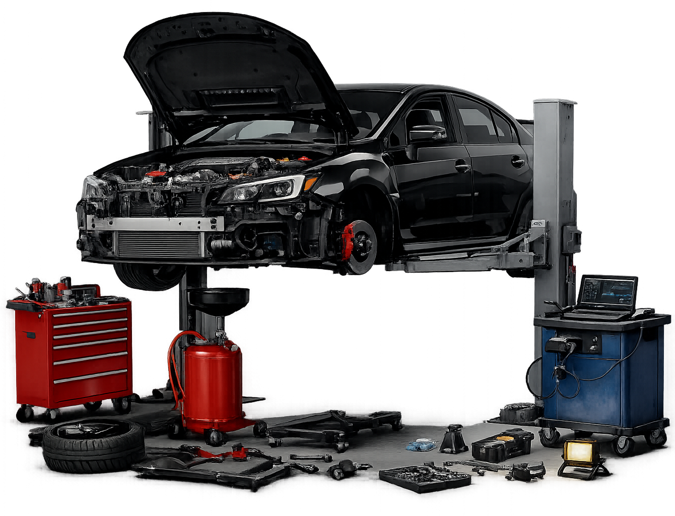 Black car on a lift in a repair shop with tools and equipment laid out. Hood open.