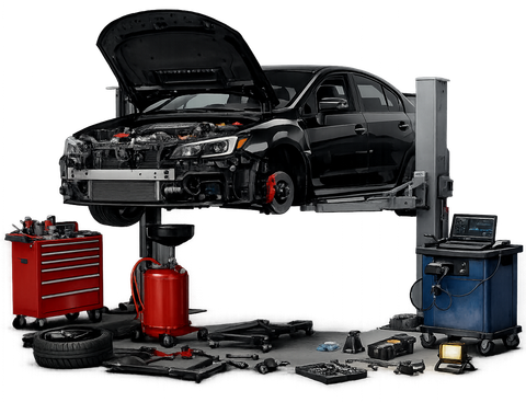 Black car on a lift in a repair shop with tools and equipment laid out. Hood open.