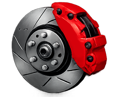 Red brake caliper on a slotted brake rotor.