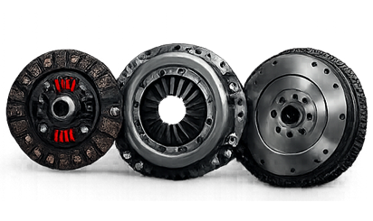 Three car clutch components side-by-side, each a different design; metal and composite materials.