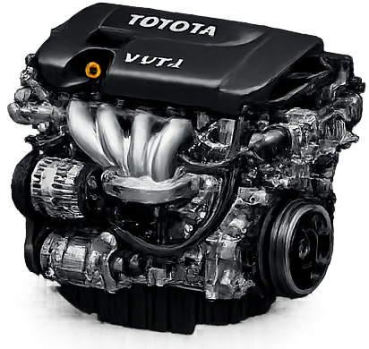 Black Toyota engine with VVT-i visible, showing exhaust manifold and various internal components.