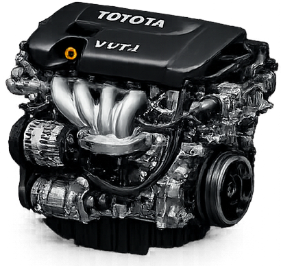 Black Toyota engine with VVT-i visible, showing exhaust manifold and various internal components.