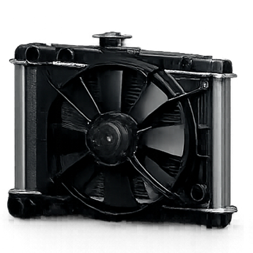 Black computer liquid cooling system with fan.