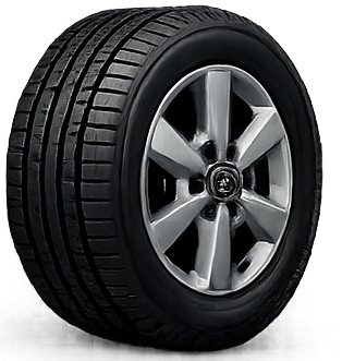 Car tire with silver rim and black tire tread.