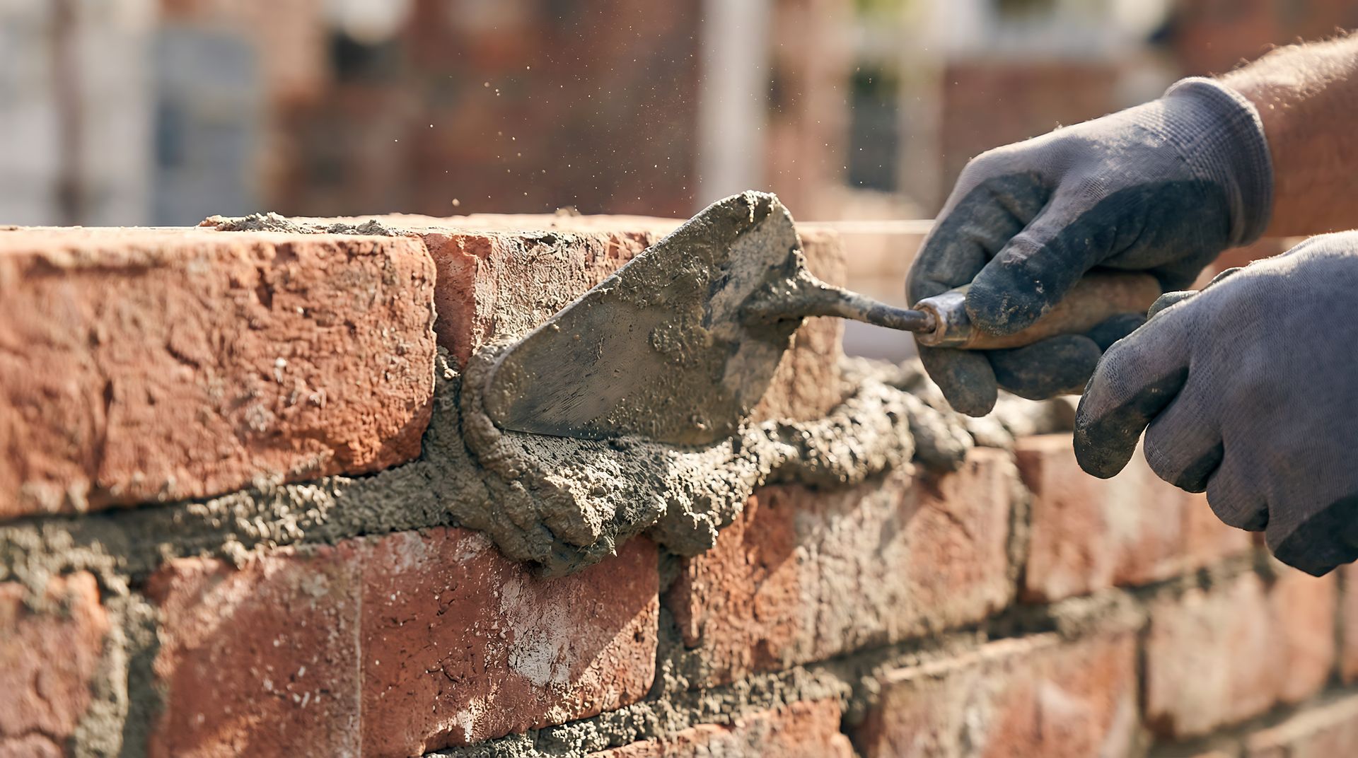 Masonry repair contractor applying fresh mortar to a red brick wall with a professional trowel.