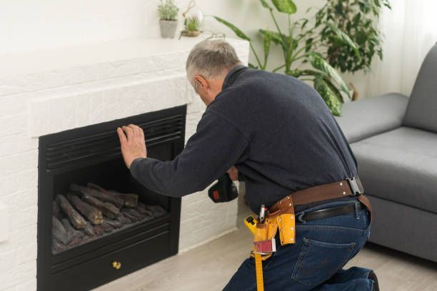 An elderly man repairs a modern fireplace.
