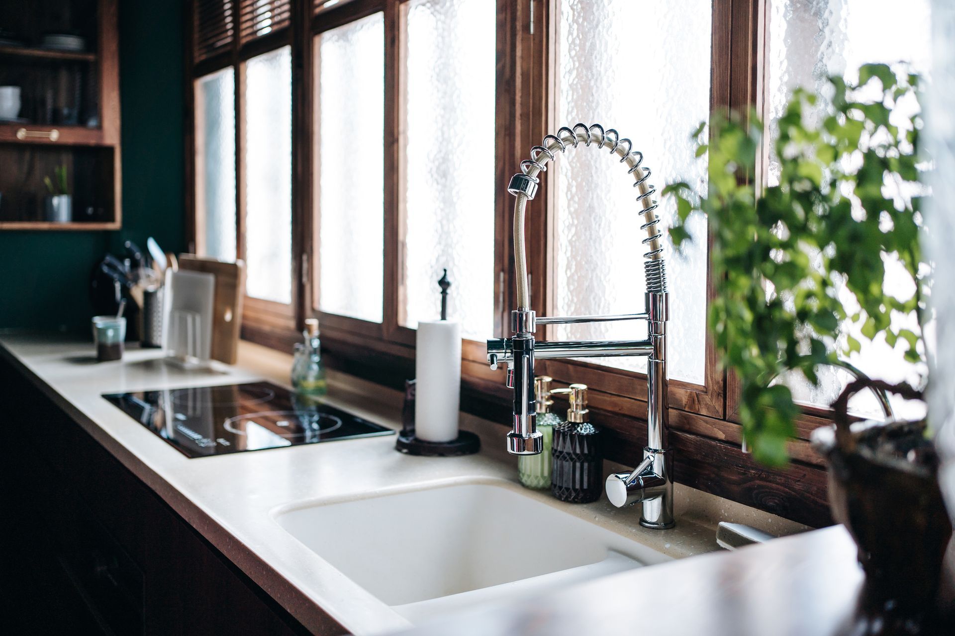 Kitchen sink and faucet, with a view through a window, featuring a plant.