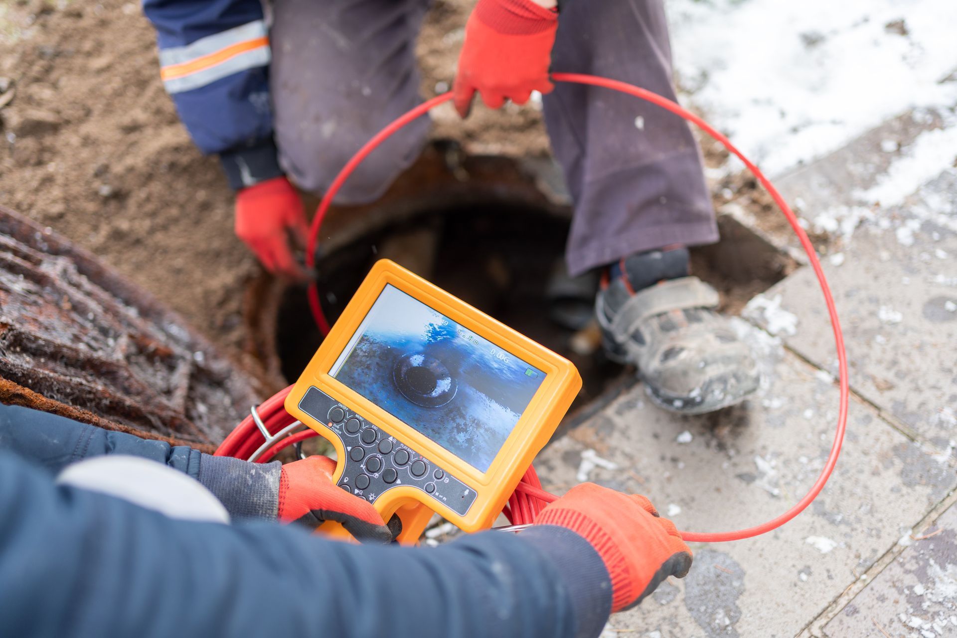 Worker inspecting a sewer with a camera, orange gloves, screen showing the inside of a pipe, outdoors.