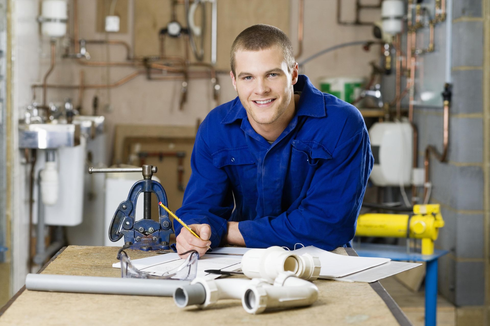 Smiling man in blue overalls at a workshop desk, holding pencil over blueprints, with plumbing tools.