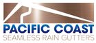 Logo for Pacific Coast Seamless Rain Gutters, with white gutter design and blue text on a copper background.