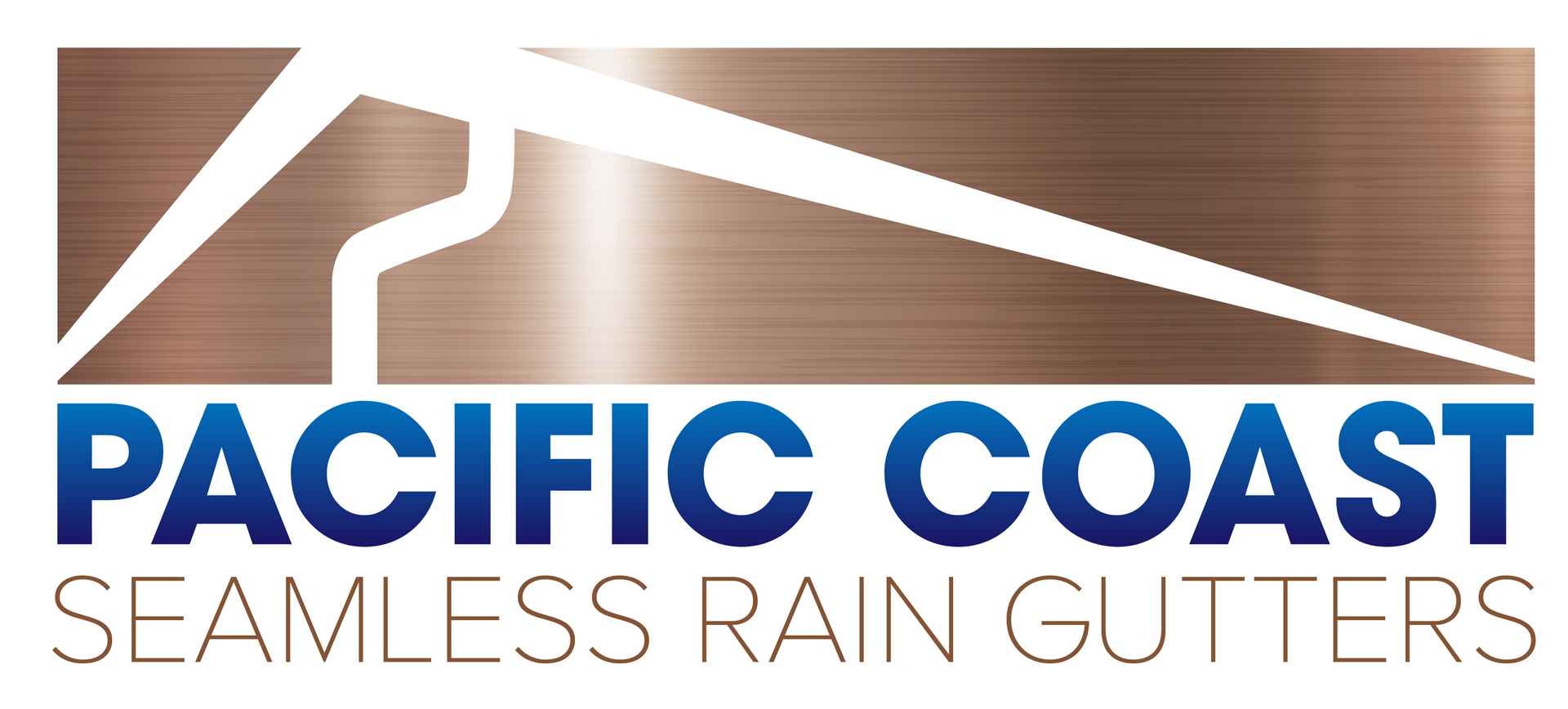 Logo for Pacific Coast Seamless Rain Gutters, with white gutter design and blue text on a copper background.