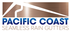 Logo for Pacific Coast Seamless Rain Gutters, with white gutter design and blue text on a copper background.