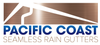 Logo for Pacific Coast Seamless Rain Gutters, with white gutter design and blue text on a copper background.