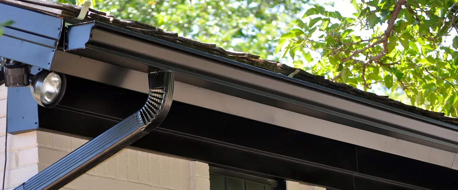 Black gutters on a building with a downspout and a spotlight, with leafy green trees in the background.