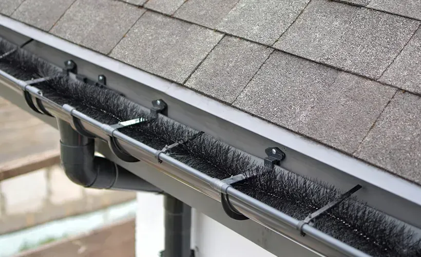 Black gutter with brush guards installed along roofline.
