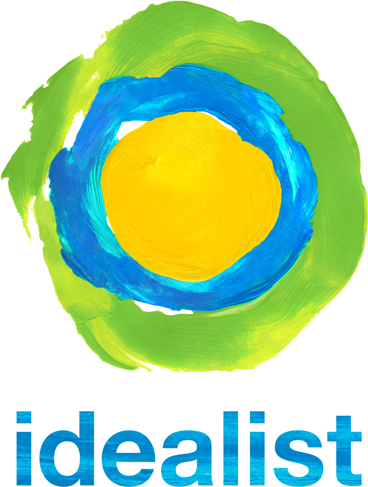 A logo for idealist with a blue and yellow circle