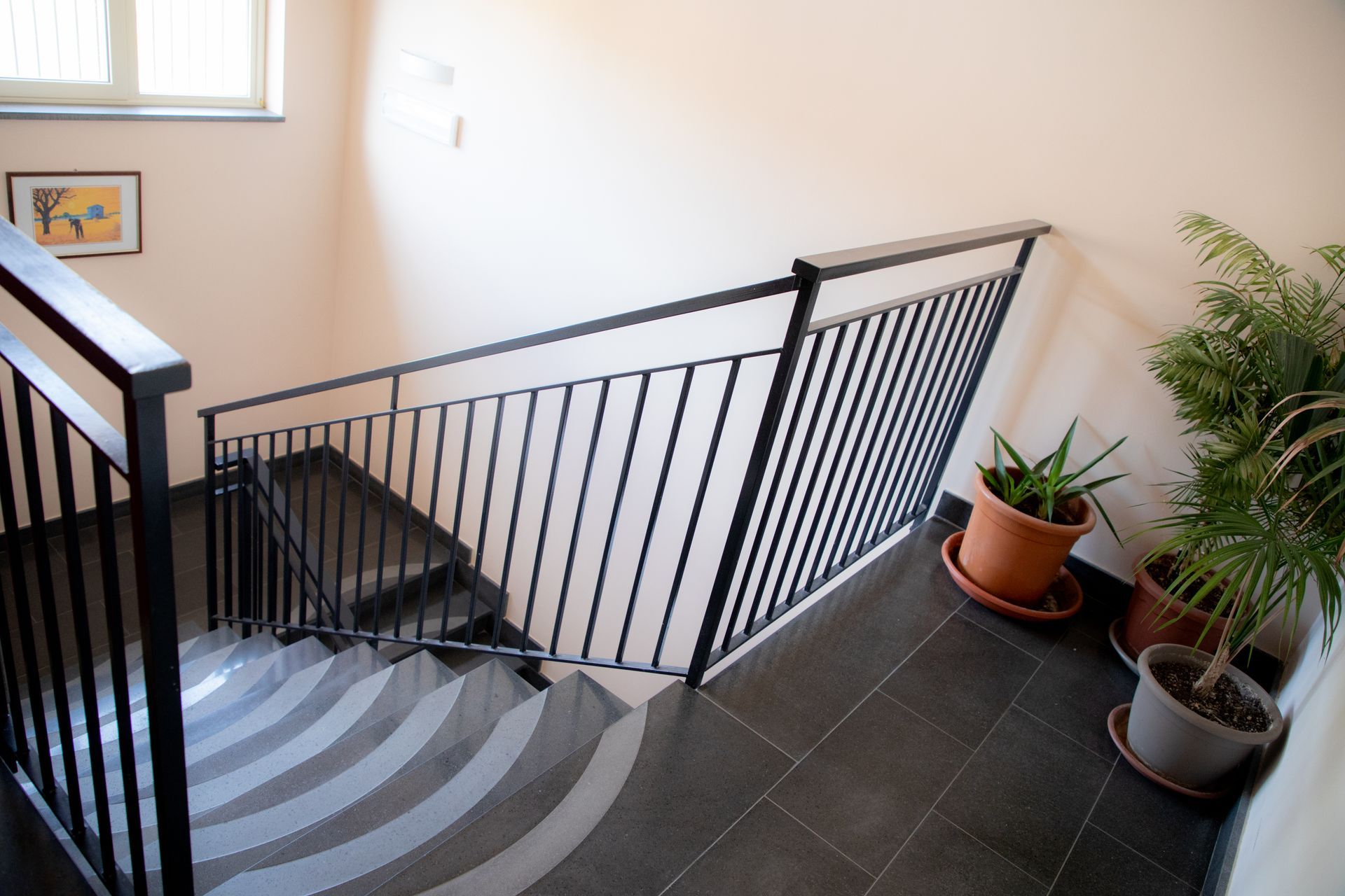 Scala con ringhiera in metallo nero, gradini piastrellati e piante in vaso.