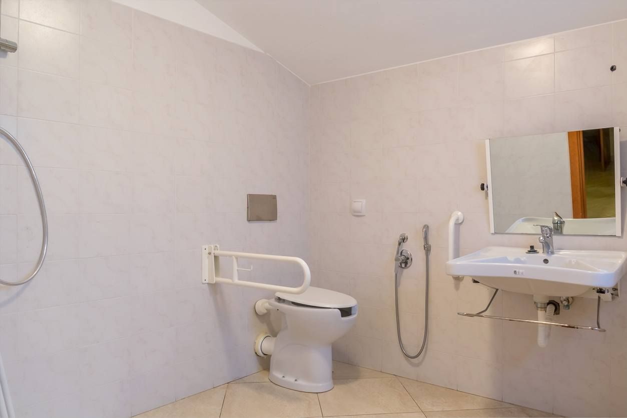 Bagno accessibile con WC, lavandino e doccia. Include barra di sostegno e specchio ribassato.
