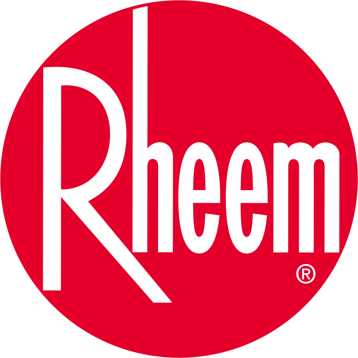 Rheem logo in white on a red circle with a registered trademark symbol