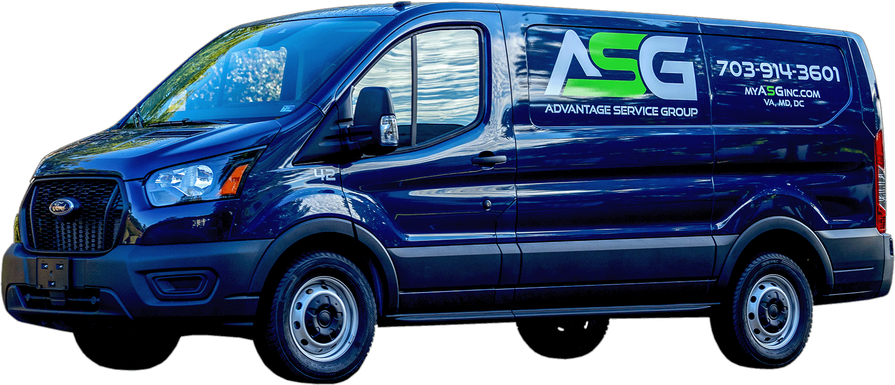 Blue utility van with ASG logo and white lettering on the side, shown in profile on a white background