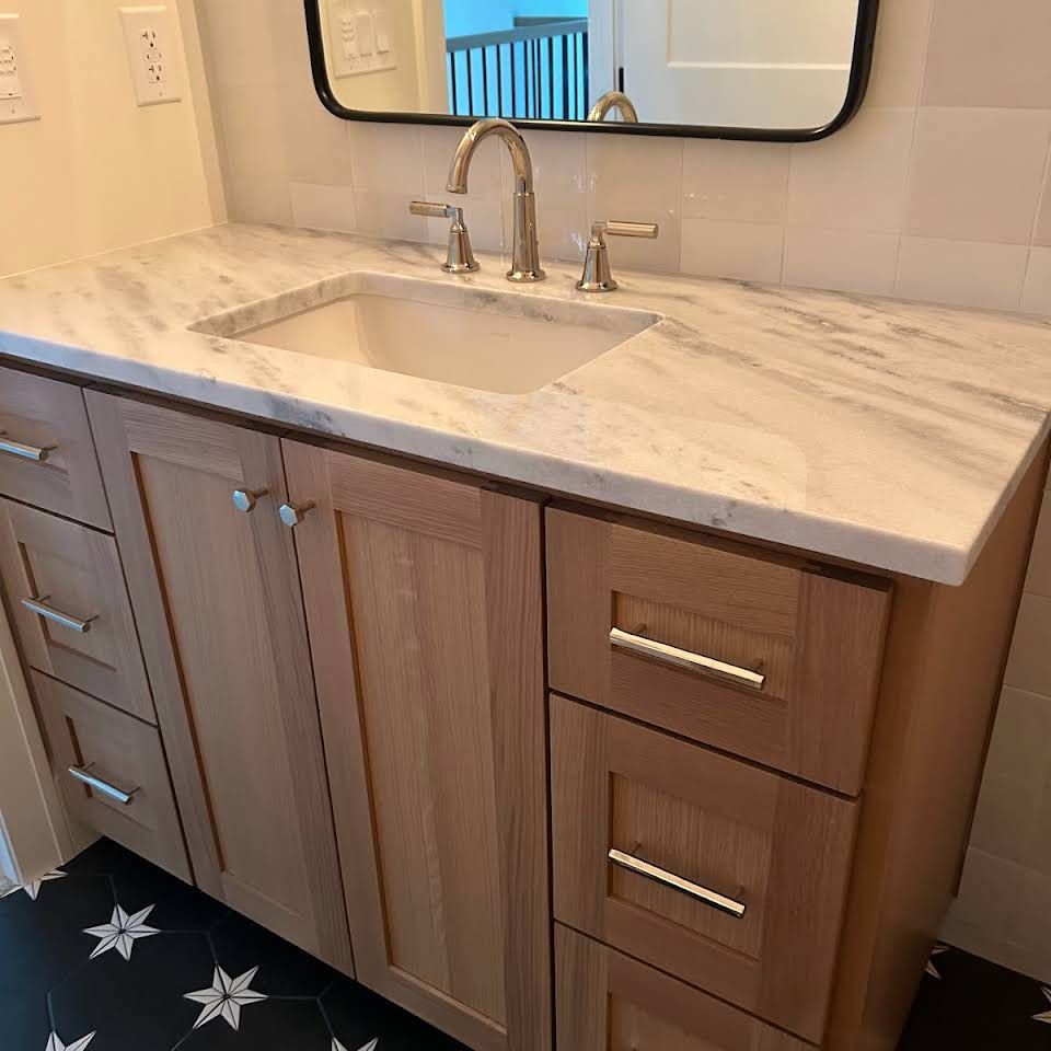 A bathroom vanity with a sink and a mirror.