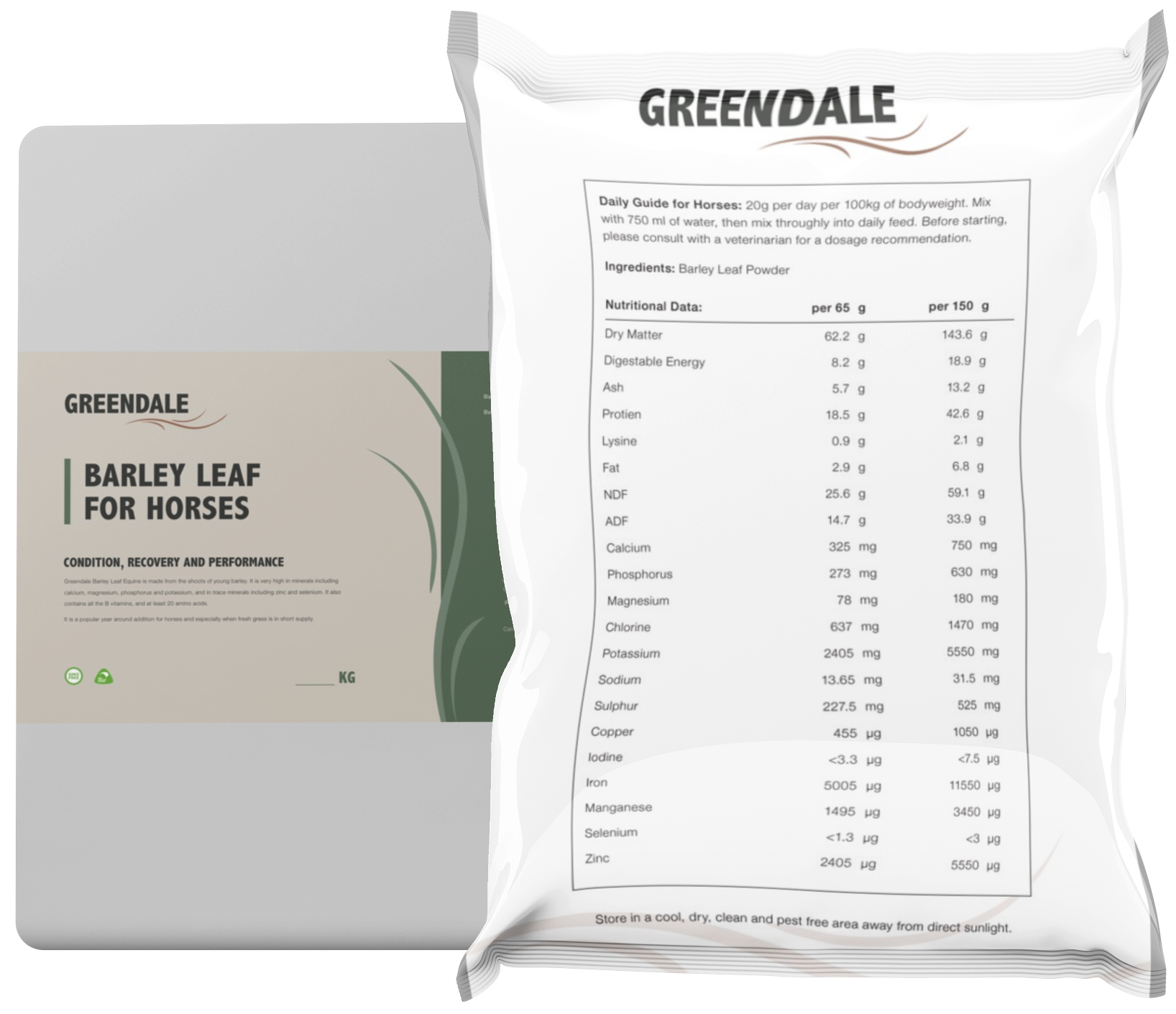 A bag of barley leaf for horses on a white background Greendale Barley Feed