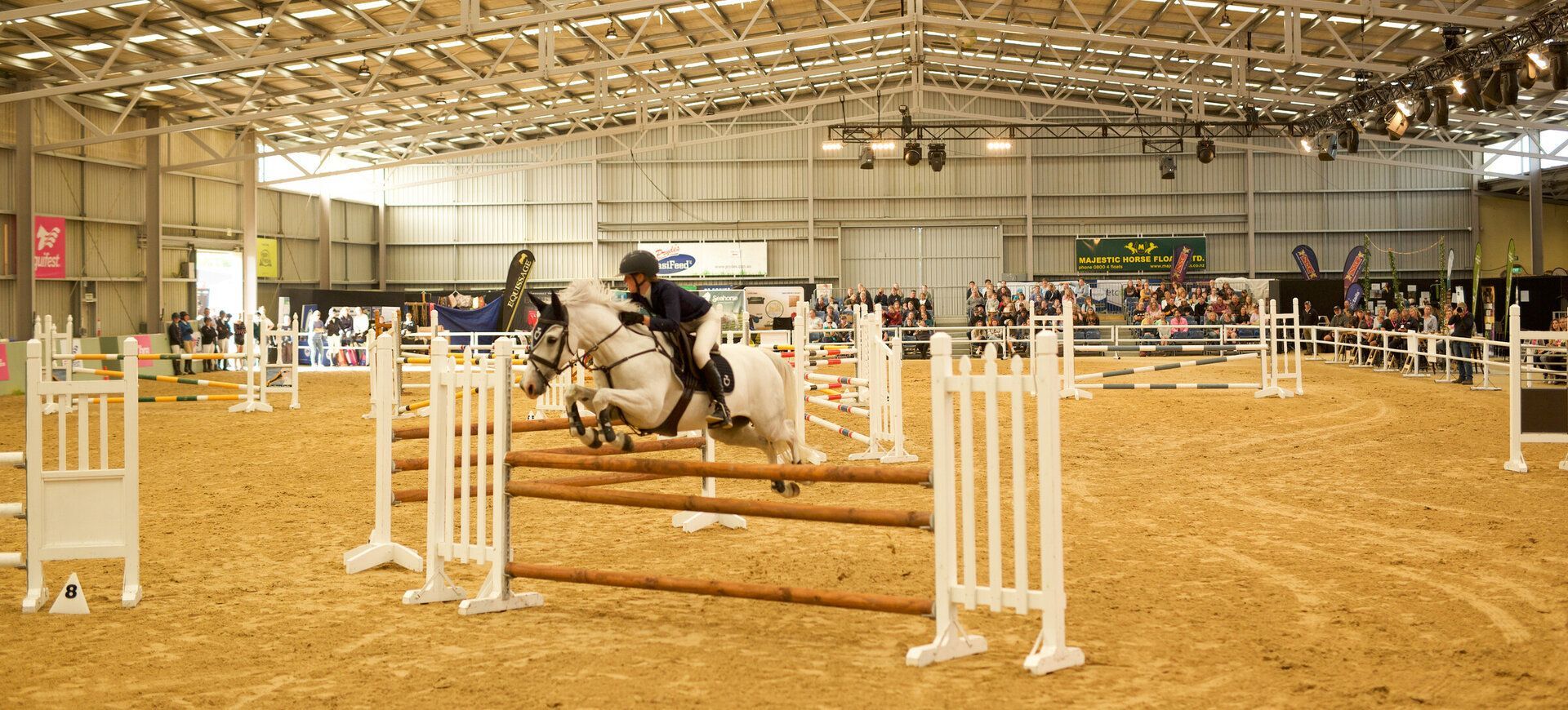 A person is riding a horse over a hurdle in a indoor arena. Greendale Barley Feed