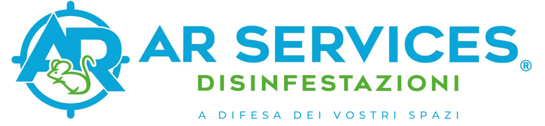 Logo per AR SERVICES DISINFESTAZIONI con un'icona a forma di mirino azzurro contenente un topo stilizzato.