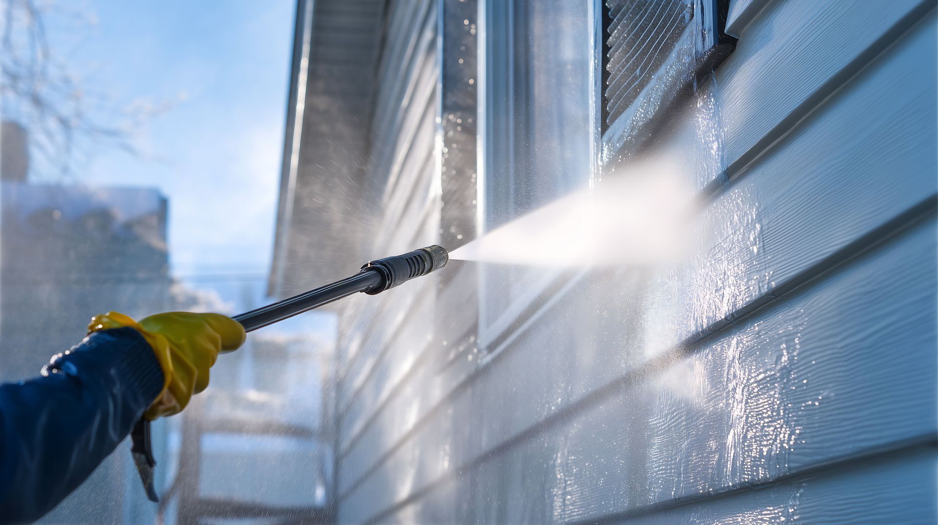 Person pressure washing the siding of a house with a high powered spray.