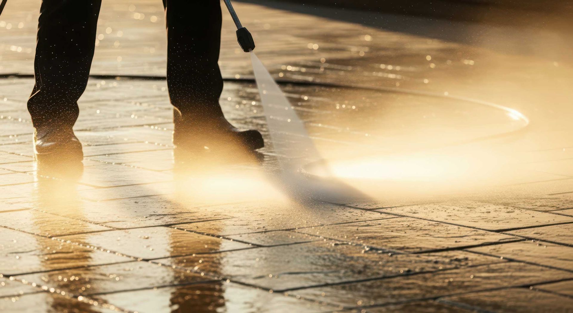 Closeup of a person pressure washing a tiled outdoor floor.