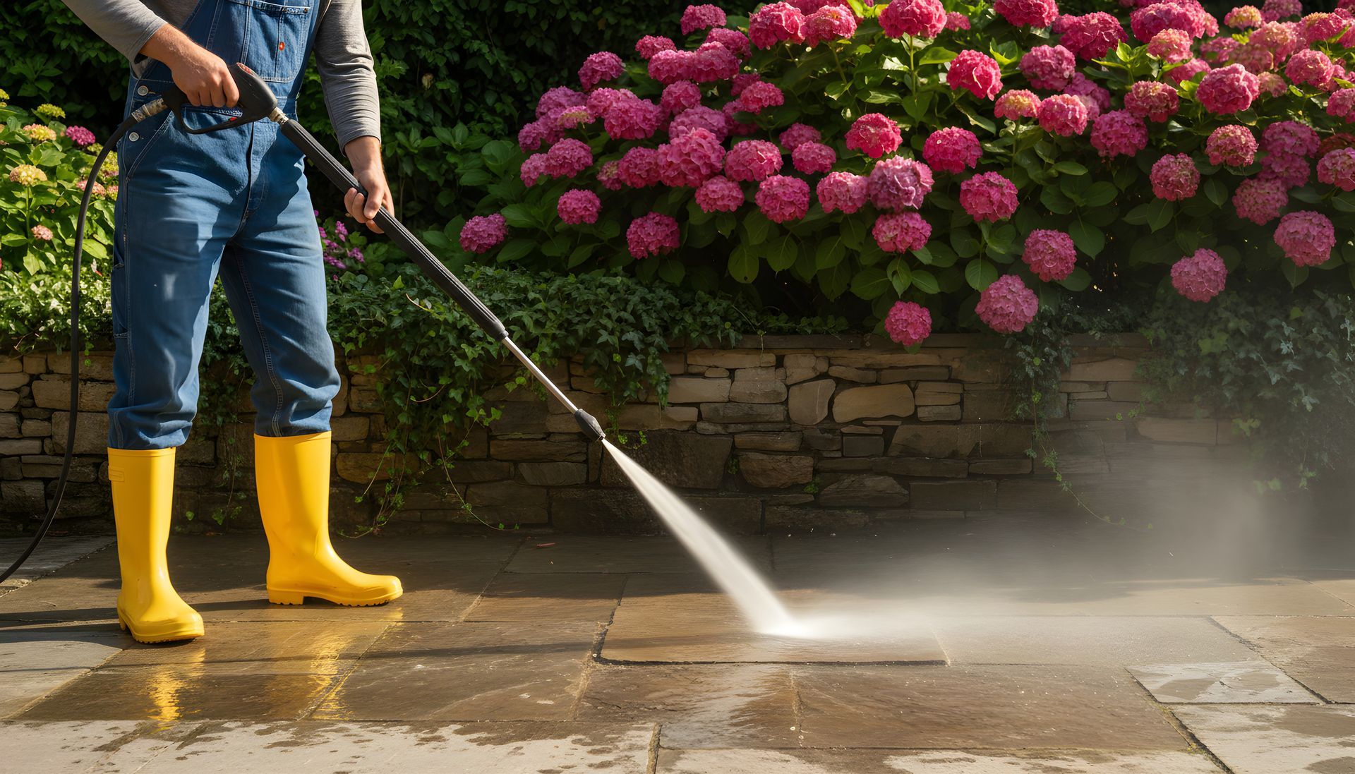 Person in yellow boots pressure washes a stone patio with pink hydrangeas in the background