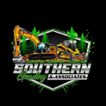 Southern Grading & Associates logo featuring construction equipment and pine trees on a black background.