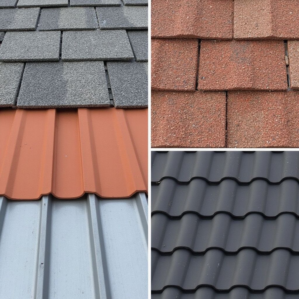 Four different roof material samples: gray shingles, red shingles, metal, and black tiles.