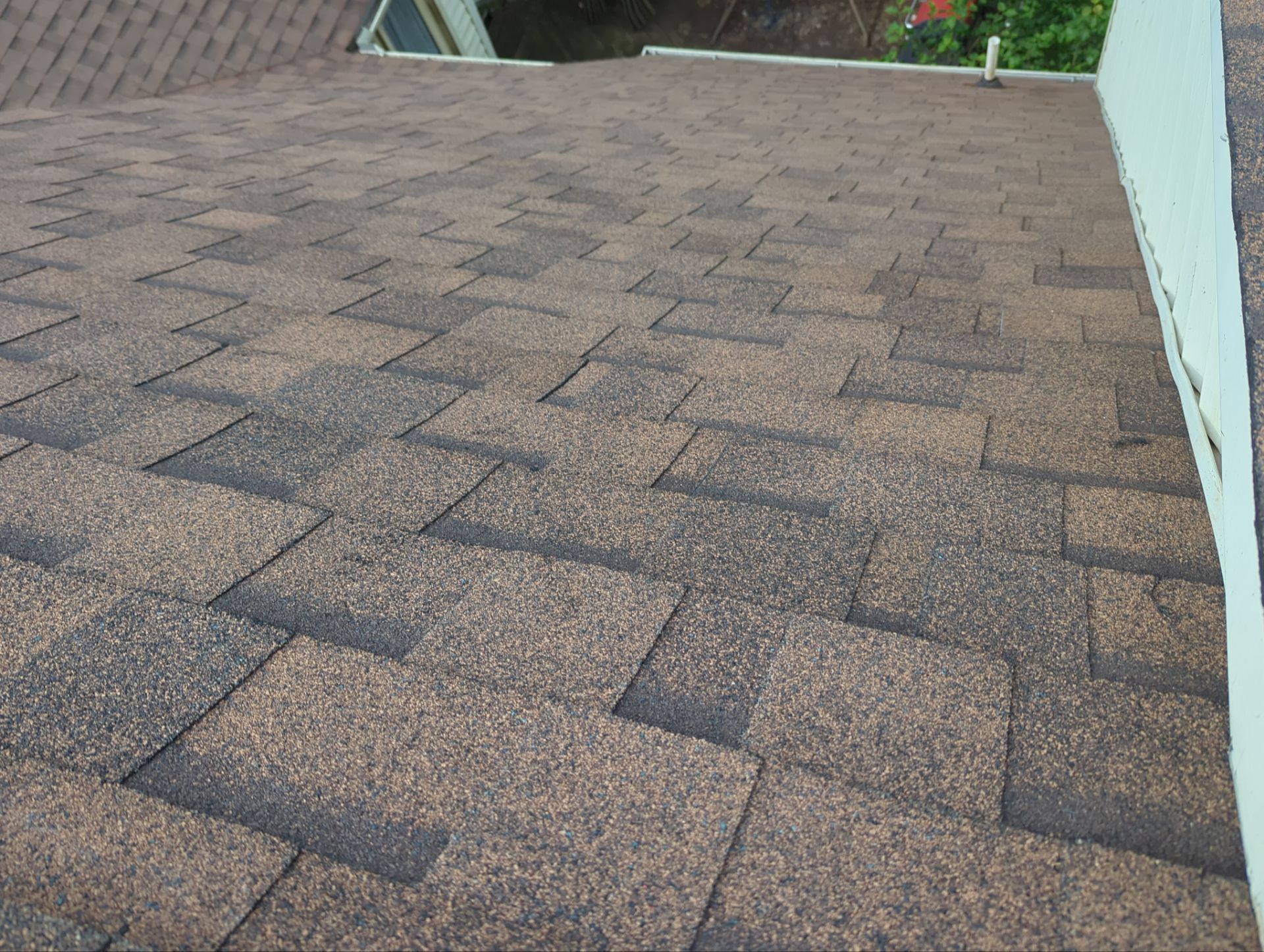 Brown asphalt shingle roof, angled view.