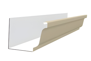 Beige and white rain gutter section.