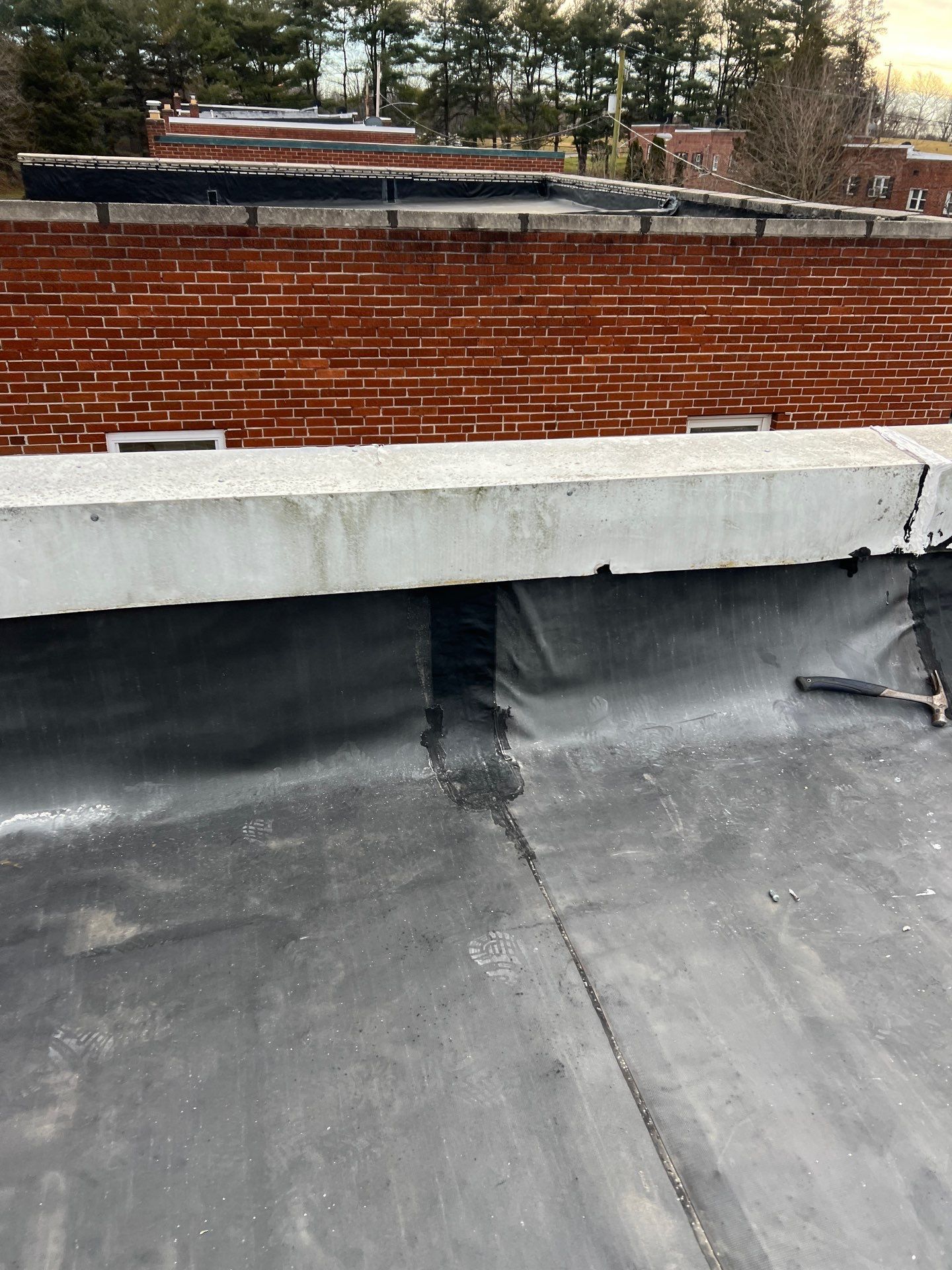 Flat black roof with brick wall, concrete ledge, and trees in background.