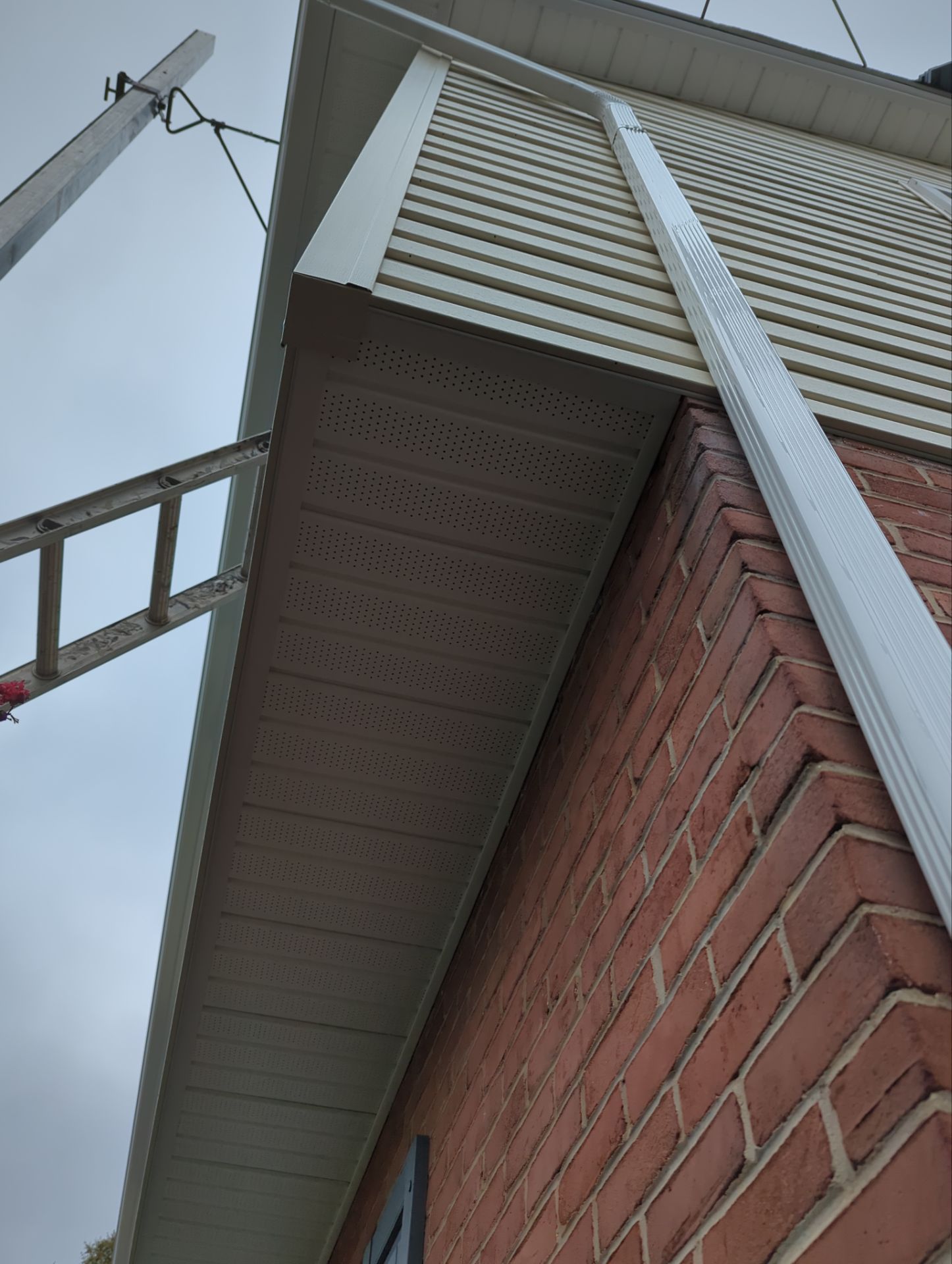 Brick building exterior with white trim, siding, and a gutter; ladder leans against the side.