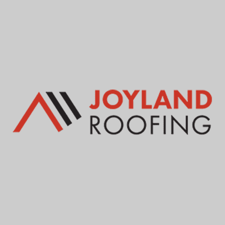 Logo for Joyland Roofing: red and black roof icon with company name in red and black text.