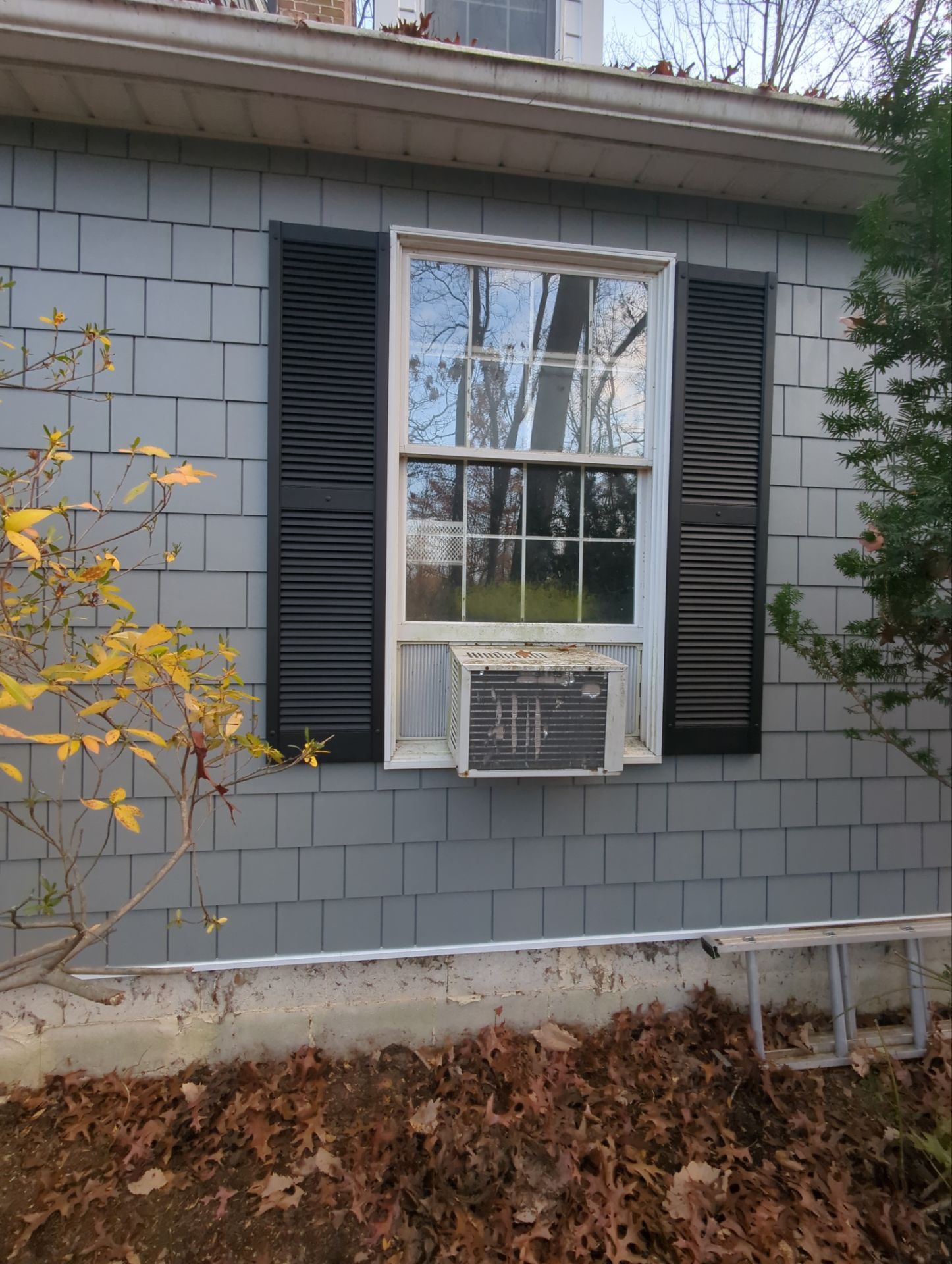 Window with black shutters, an AC unit, and gray shingle siding.