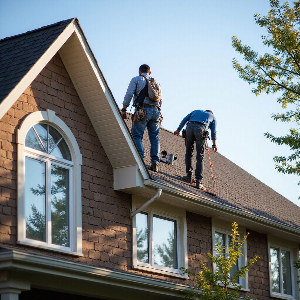 Two roofers on a residential roof, inspecting the surface. House is brown with white trim, clear sky.