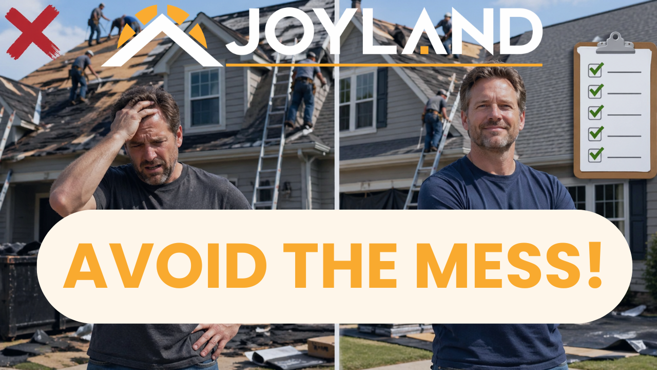 Two men on a roof with JOYLAND logo and checklist, text saying “AVOID THE MESS!”
