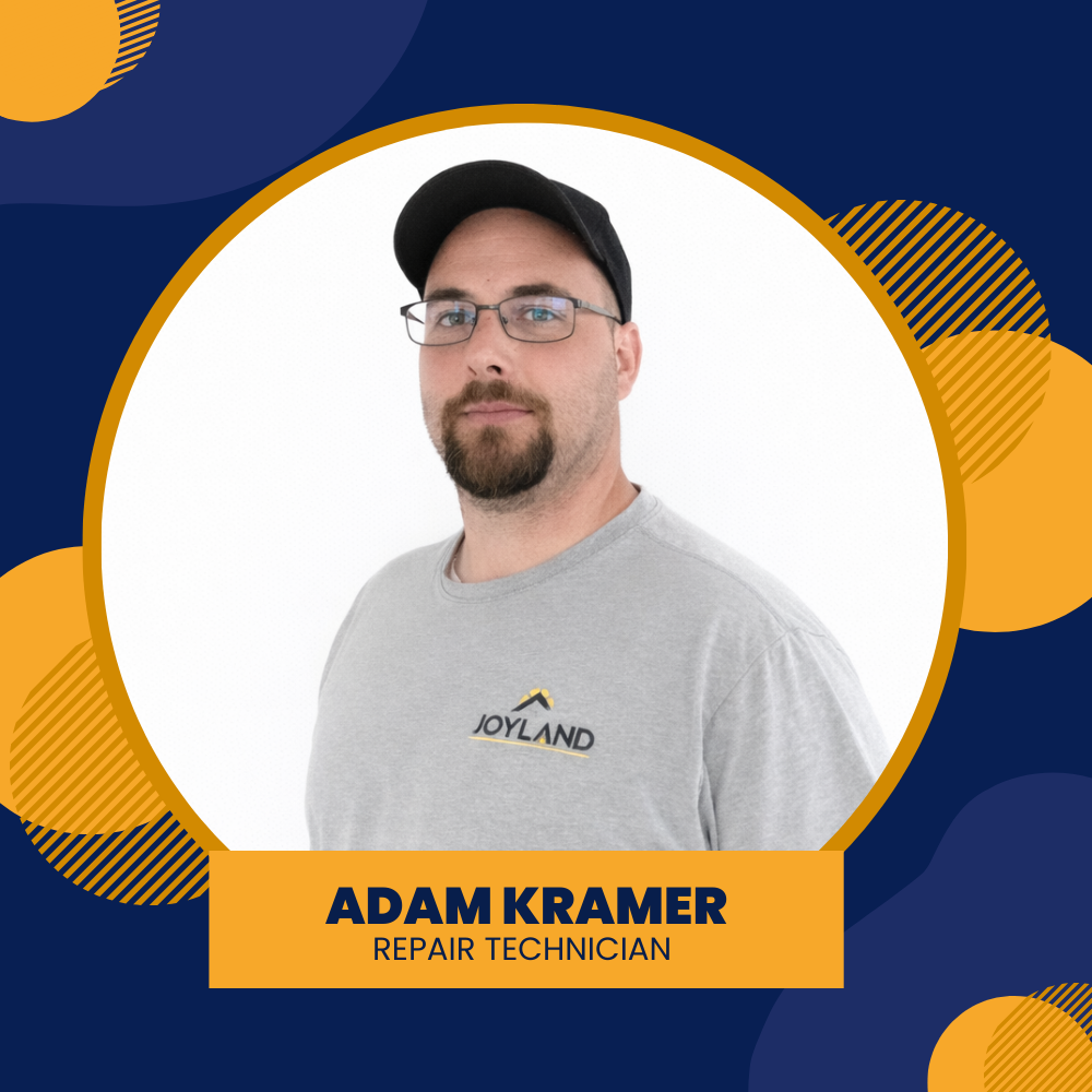Joyland Roofing logo with a house icon and name. Adam Kramer, Repair Technician.