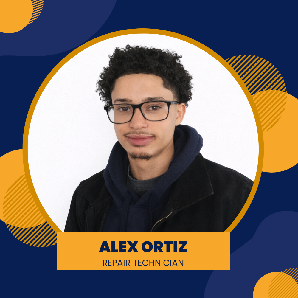 Logo for Joyland Roofing with a roof icon and Alex Ortiz, Repair Technician.