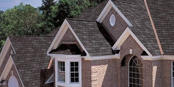 Brick house with a dark gray shingle roof and white trim. Trees are in the background.