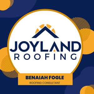Joyland Roofing logo with a house icon, name, and roofing consultant contact information, with yellow and blue background.