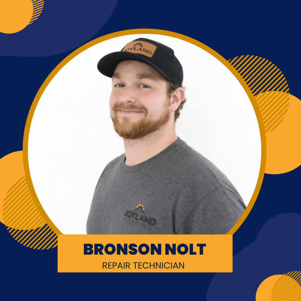 Logo for Joyland Roofing: white circle with blue text, rooftop icon, yellow and blue background.