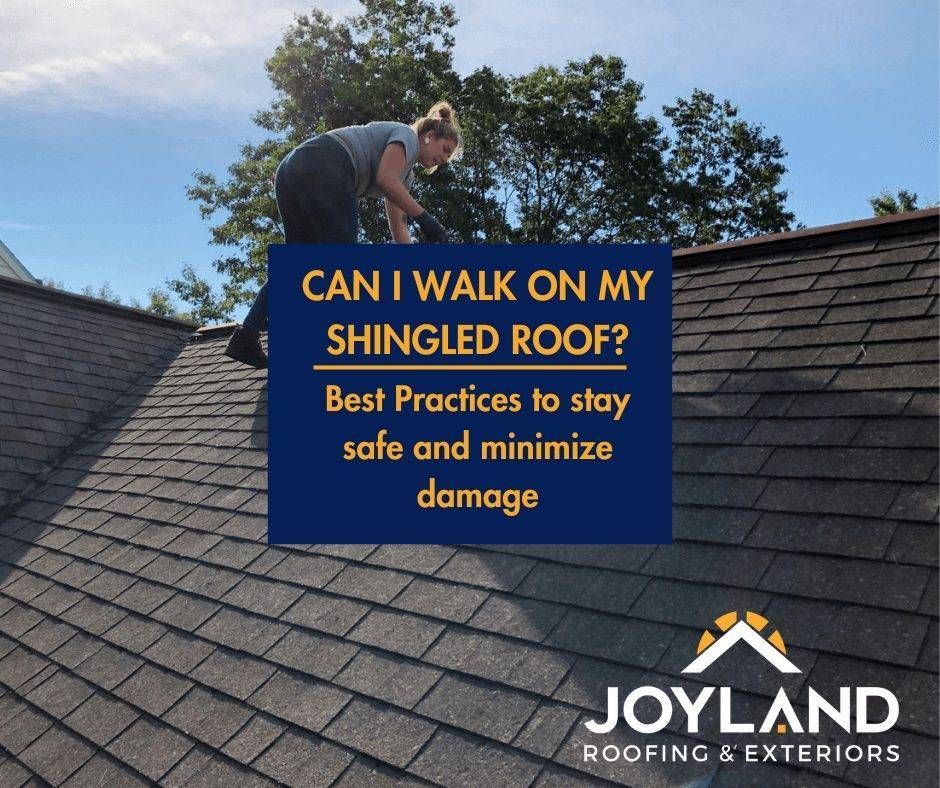 Person on a shingled roof, text: 