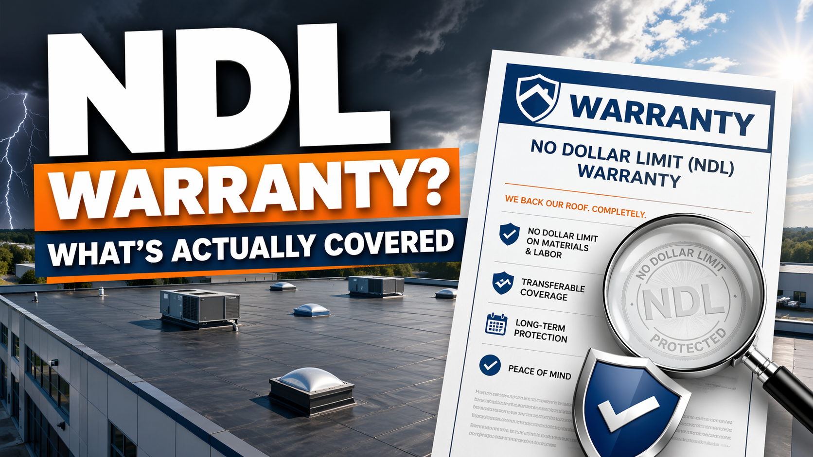 NDL warranty promo with van, warning text, and warranty certificate on a dark background
