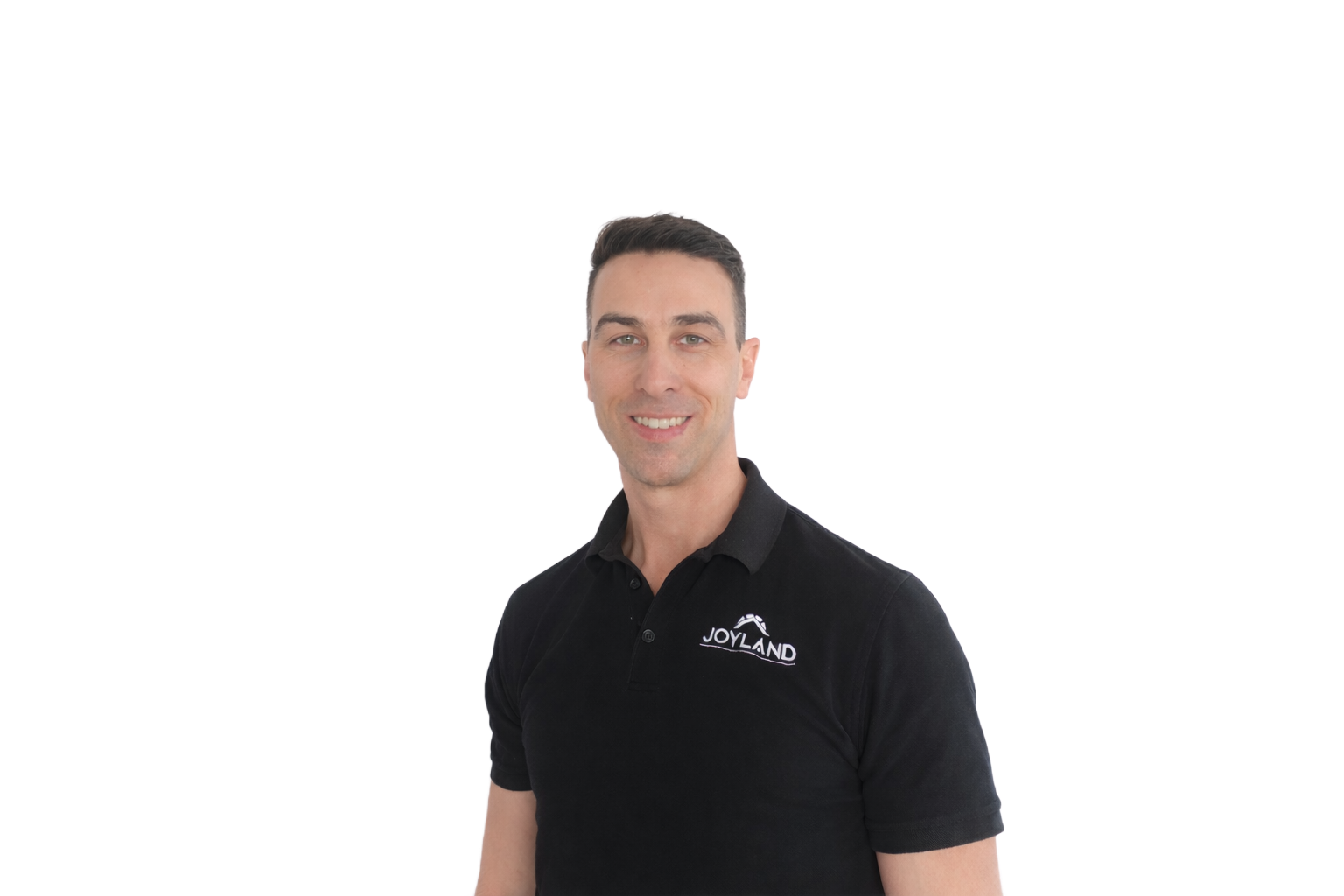 John Esh, owner/CEO, smiling in a black shirt, in front of a blue and yellow background.